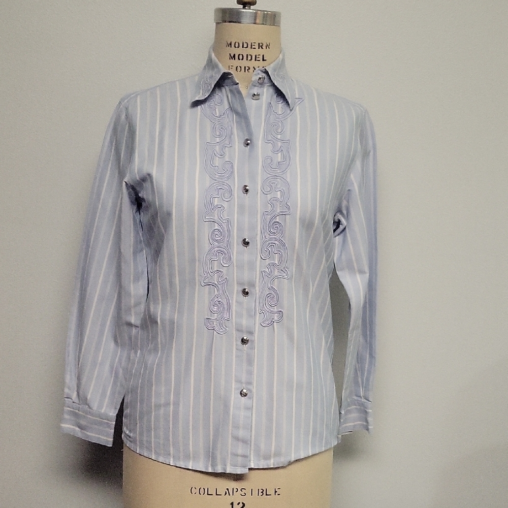 Escada Striped Button-Up Shirt with Embroidery